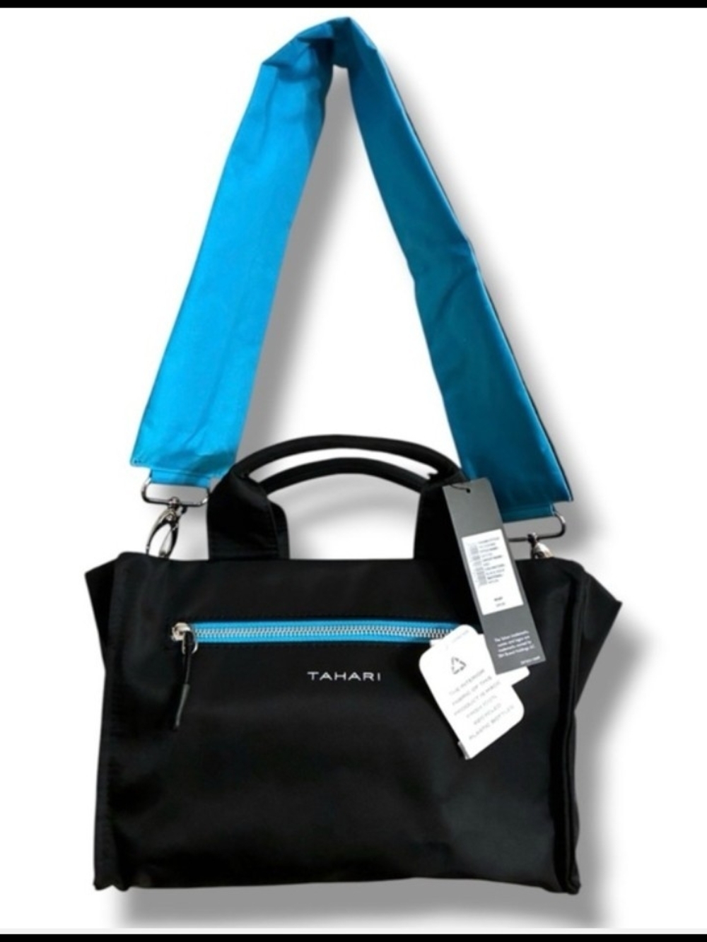 Tahari NEW $89 Tag Black Shoulder Bag with Bright Blue Strap & Zipper - Picture 1 of 5
